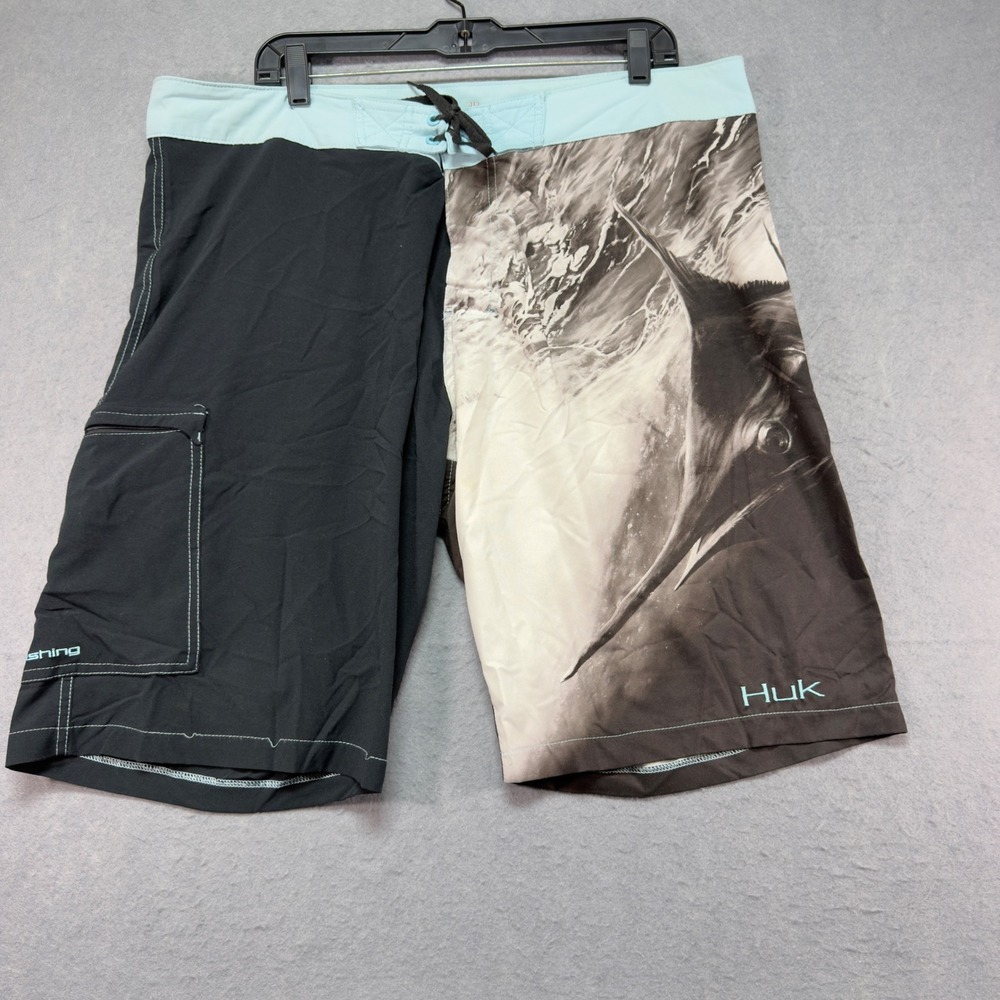 Huk Mens Size 38x10 Marlin Graphic Board Shorts Black Blue Fishing Swim Trunks